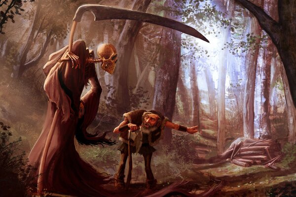 Anciano en el bosque muestra el camino de la muerte