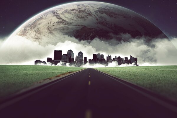 The road to the city against the background of another planet