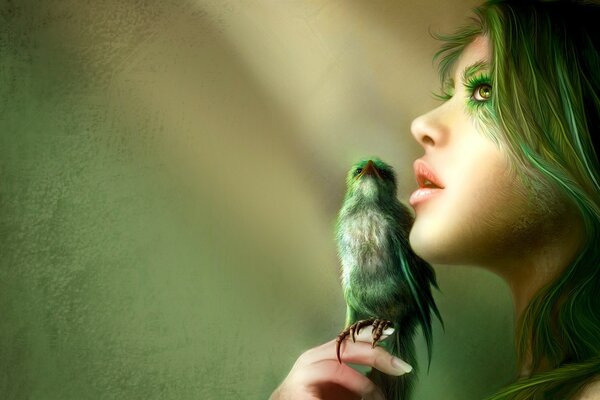 A girl with green hair holds a bird