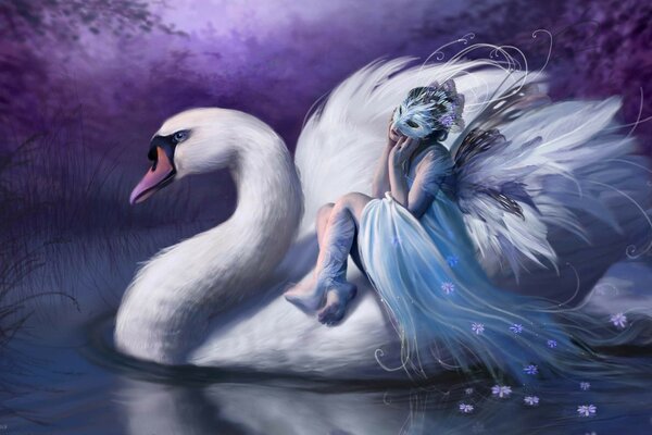 Fairy at night on swans