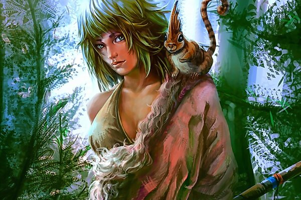 A huntress girl in a forest thicket with a squirrel friend