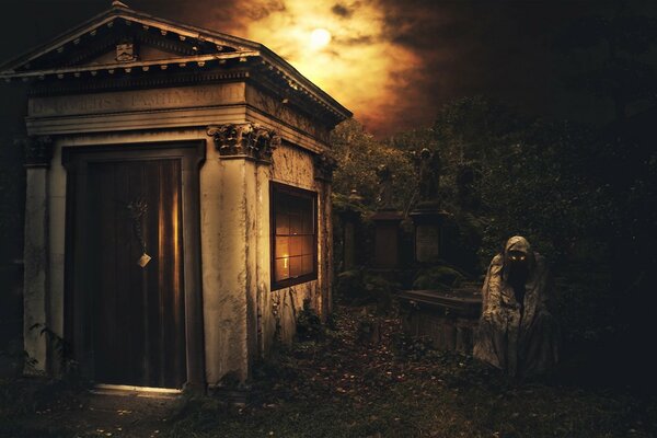 The ghost at the crypt in the cemetery