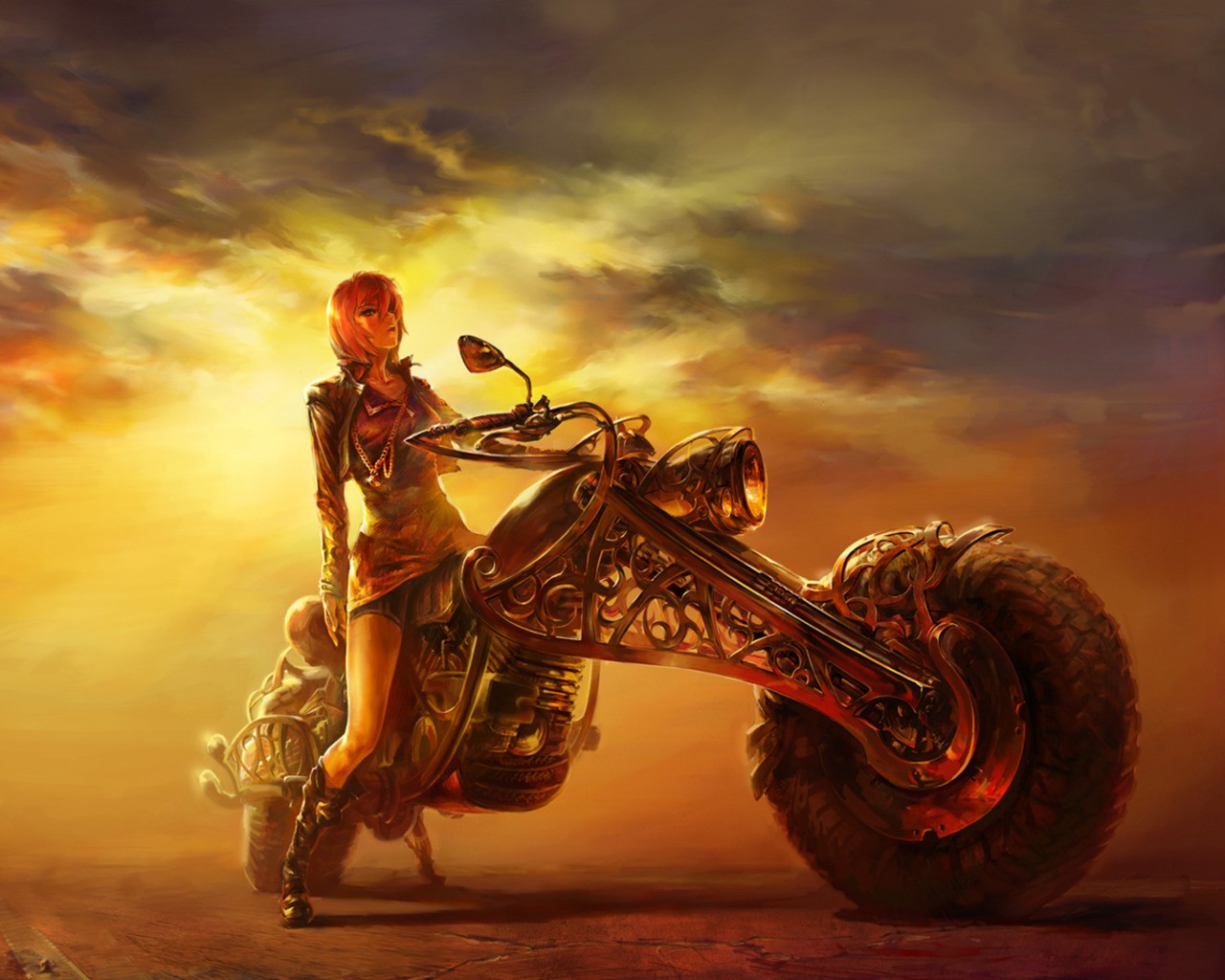 dessin fille soirée route moto coucher de soleil