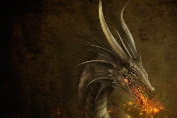 A dragon on a dark background breathes fire