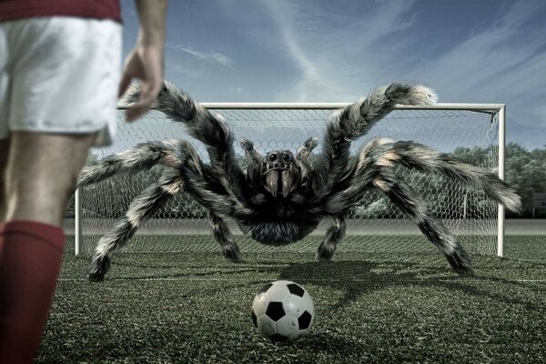 Tarantula spider in the goal with a football ball