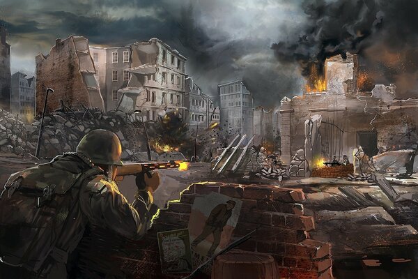 A soldier shoots against the background of a destroyed city