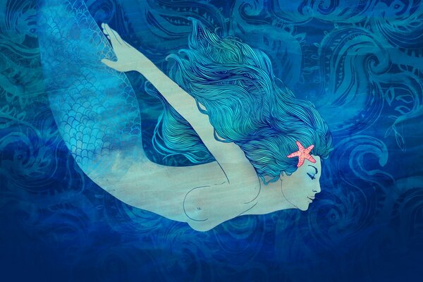 A lovely mermaid in the depths of the sea