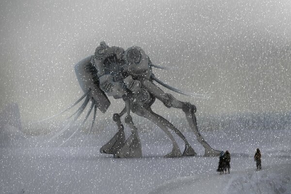 Bild von einem riesigen Roboter im Schneefall