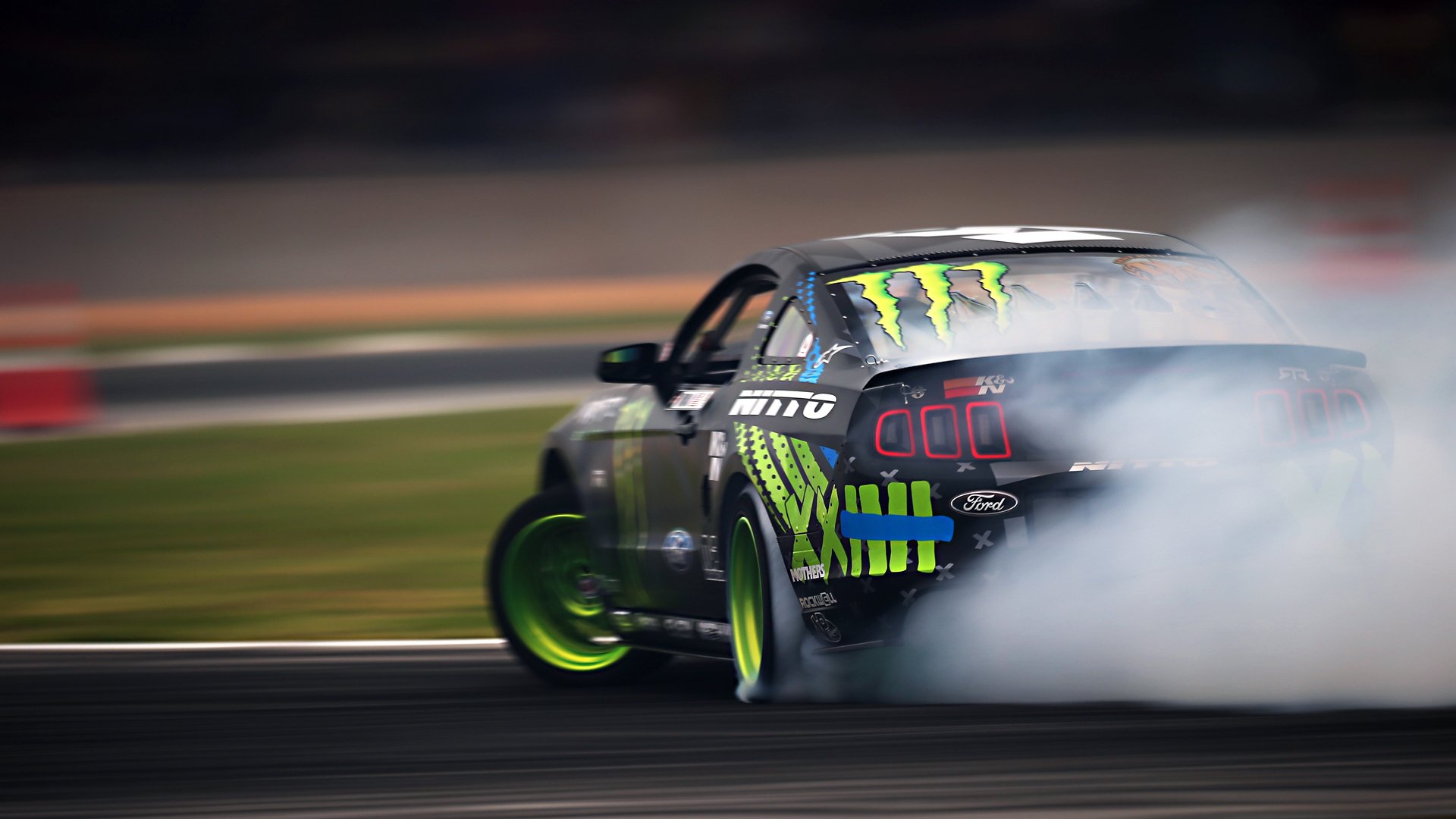 ford mustang rtr formula drift fumée won jittin jr mouvement monster energy concours voiture de sport noir vert