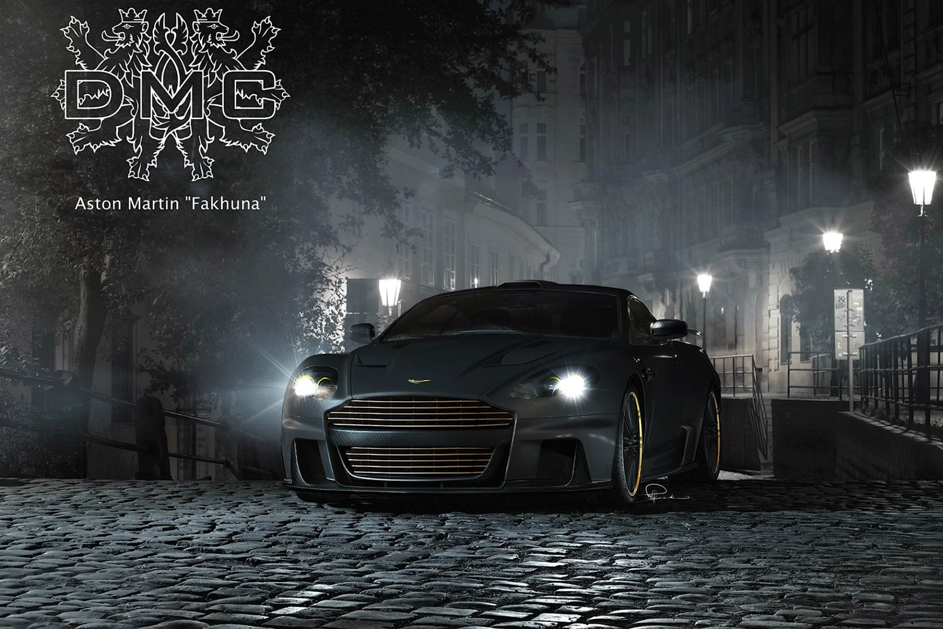 dmc aston martin dbs fakhuna aston martin lb supercar avant tuning nuit rue lanterne pavés armoiries inscription