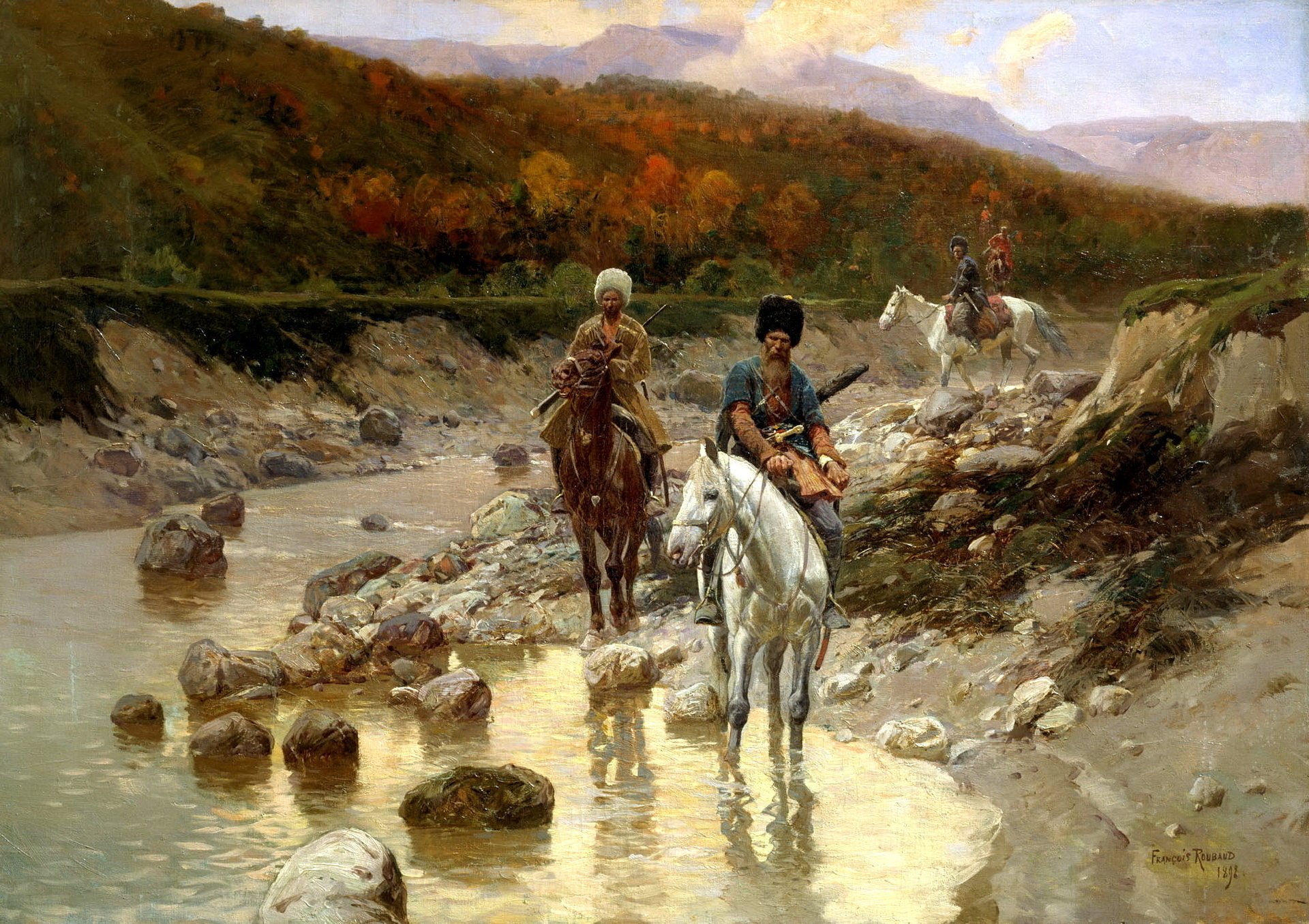 cosaques près de la rivière de montagne peinture roubaud franz peinture