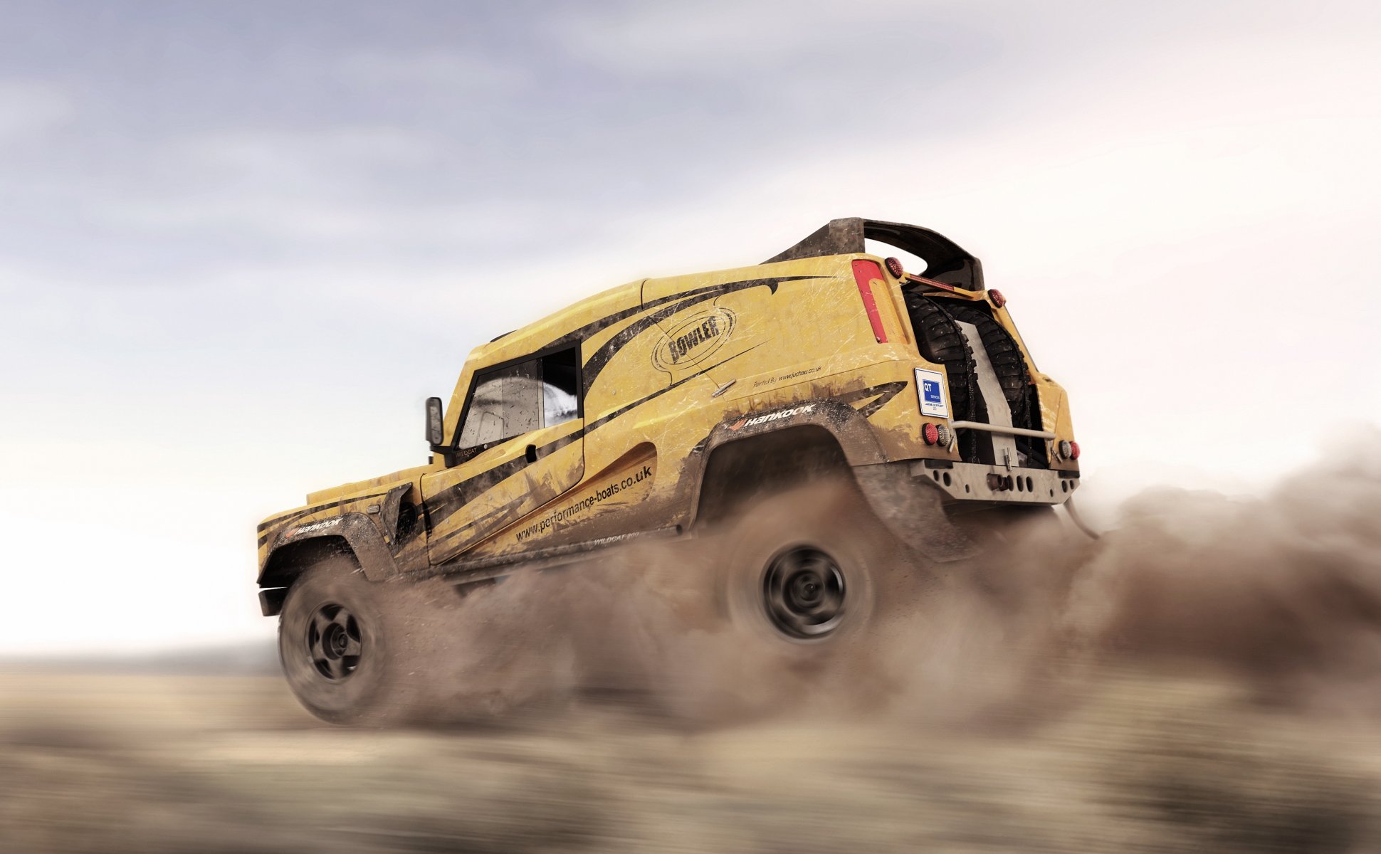 land rover defender suv dakar in motion desert dust speed car machine