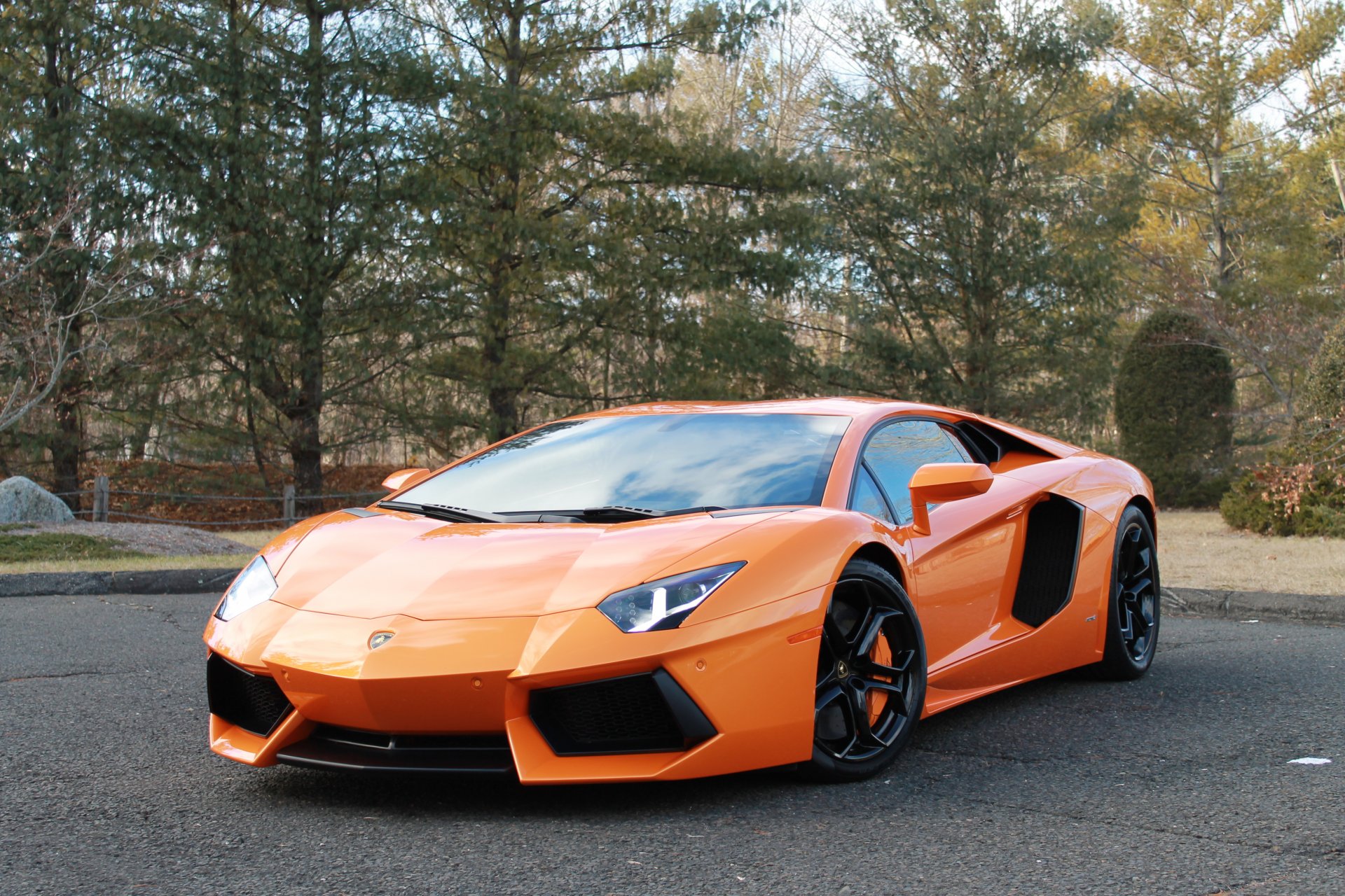 lamborghini aventador lp700-4 orange lamborghini aventador reflection headlights tree