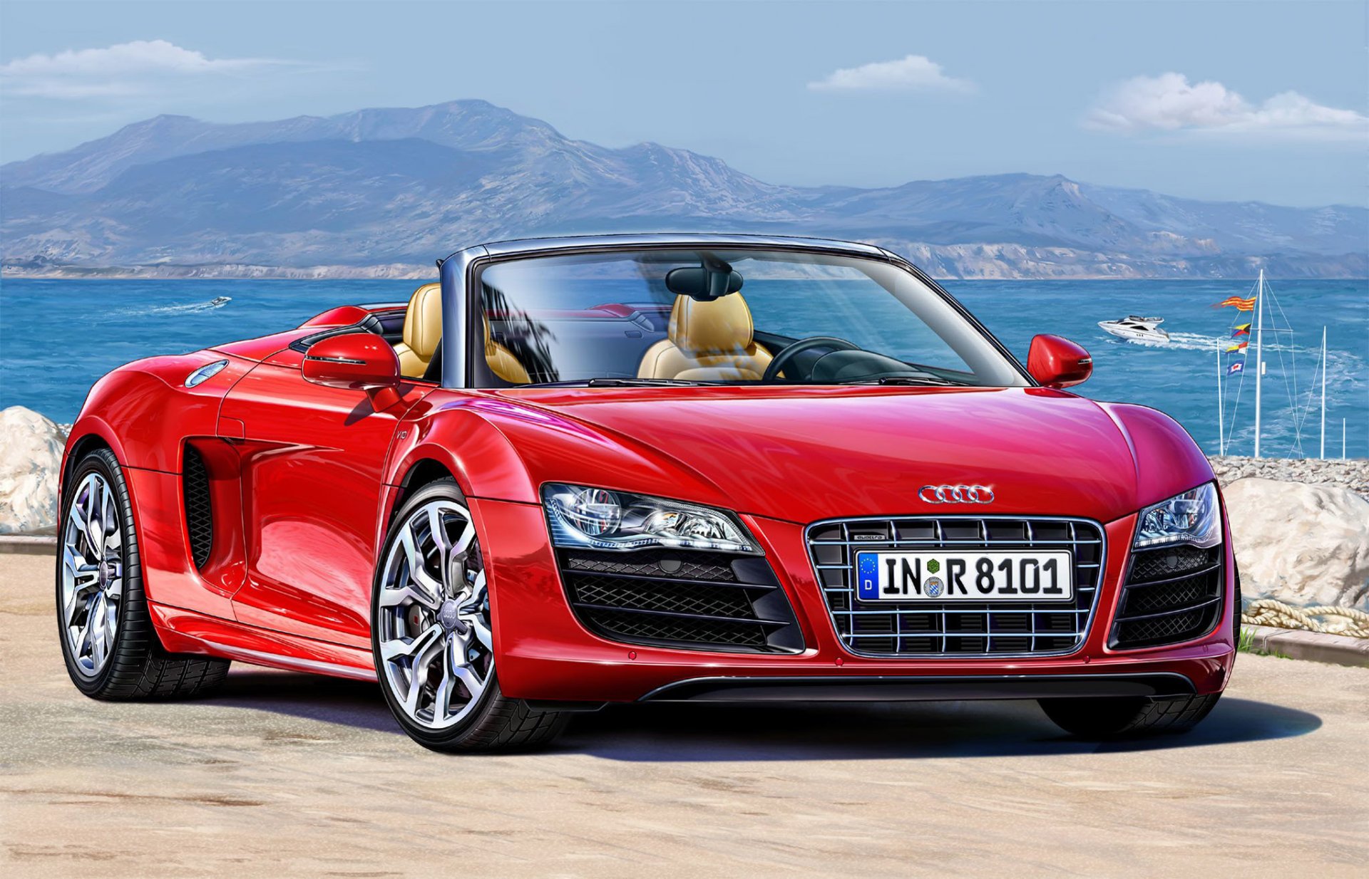 kunst auto rot sportlich supersportwagen allradantrieb deutsch autohersteller audi r8 spyder basic ausstattung ausgerüstet motor v8 volumen 2 liter leistung gleich pferdestärken beschleunigen bis 100 km-h in 6 sekunden modell