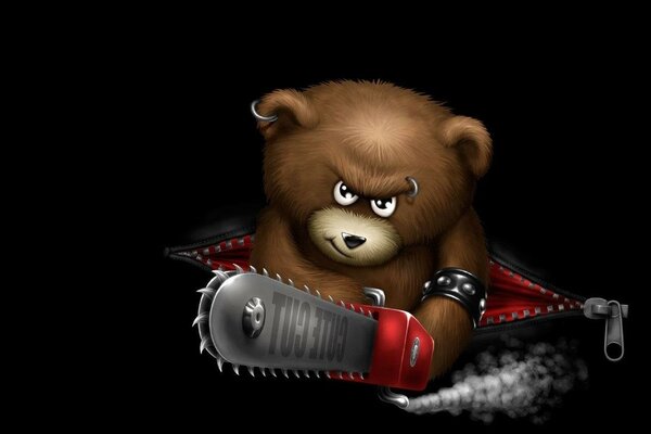 Angry bear with a saw and piercing