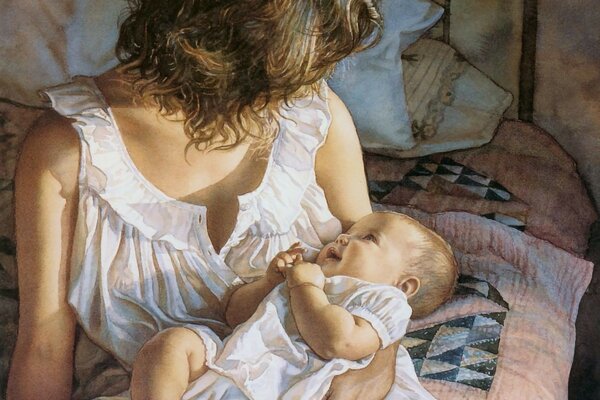 Tenderness of mother and baby, art image