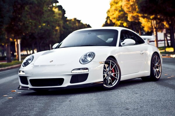 White Porsche 911 jiti3 on the asphalt in the evening