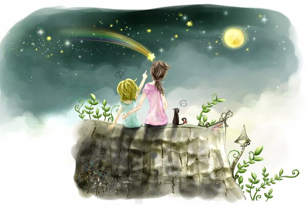 Zwei Kinder sitzen auf dem Dach und schauen nach den Sternen