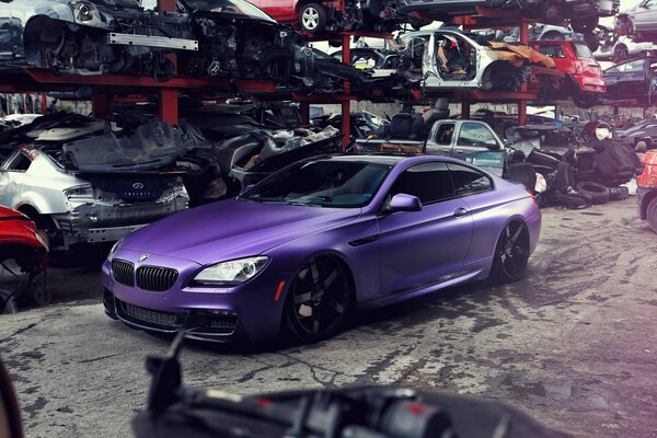 There is a beautiful, purple car in the landfill