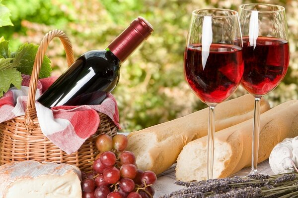 Picnic with wine, grapes, cheese and baguette