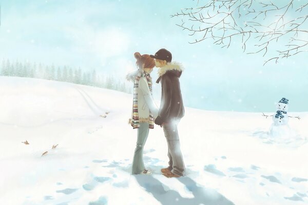 The first kiss in winter in the cold