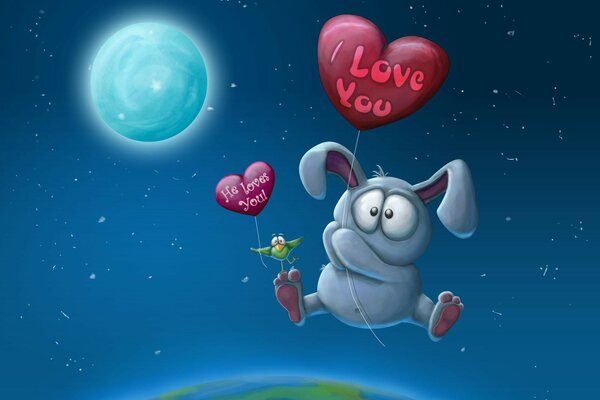 Lapin sur la balle de l amour vole à la lune