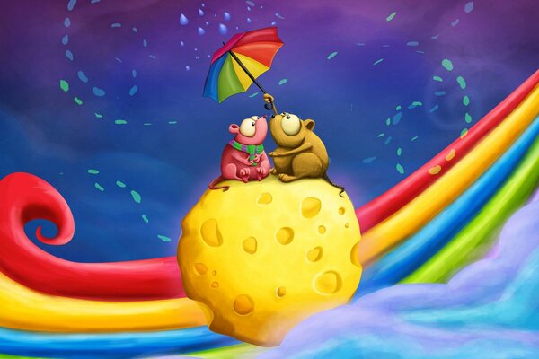 Two mice are sitting on cheese under an umbrella