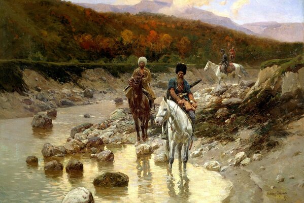 Painting Cossacks at the mountain river