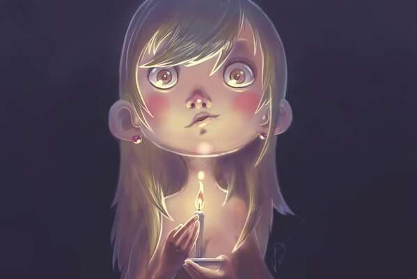 Drawing. A frightened child with a candle