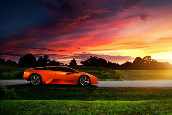 Beautiful lamborghini car in the evening sunset