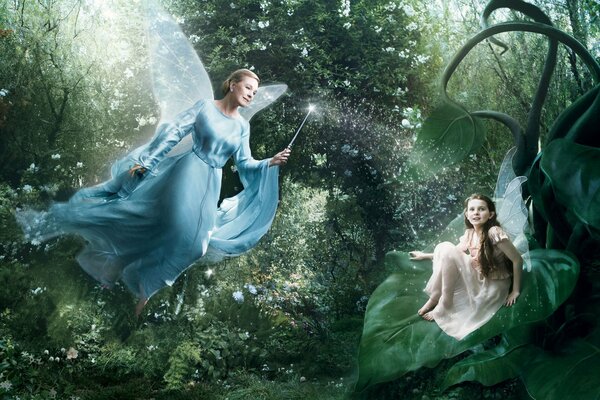 A girl and a fairy with wings in a magical forest