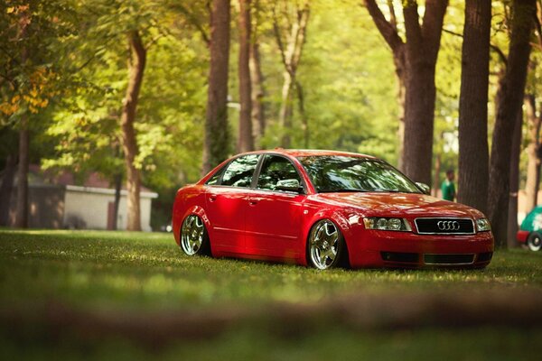 Sur la pelouse se trouve une belle voiture rouge