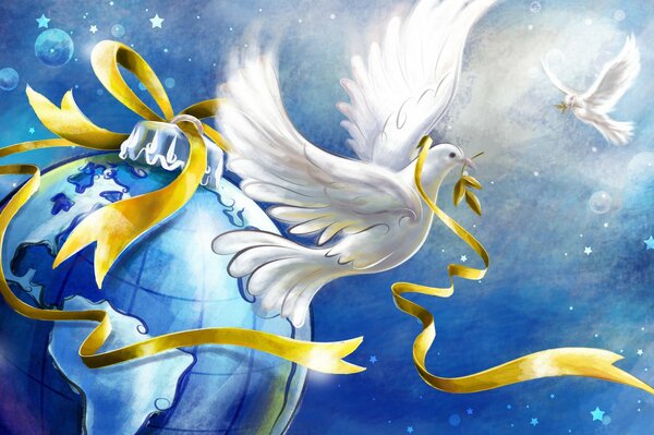 The dove of peace flies over the earth. The ribbon of friendship gives you and me!