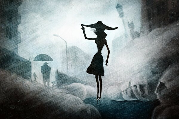 Geheimnisvolle Silhouette eines Mädchens mit Hut im Regen