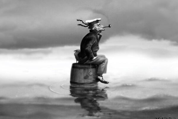 Thoughtful sailor on a barrel gray picture