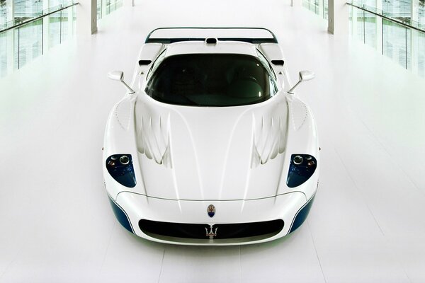 Supercar Maserati white in the sales salon