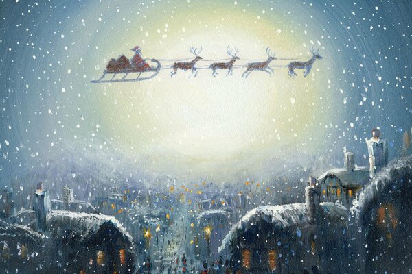 Babbo Natale in una slitta con renne alla vigilia di Natale vola sui tetti innevati di una città addormentata