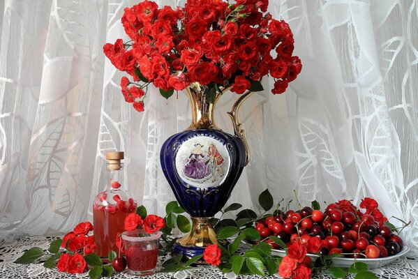 Beautiful still life of flowers berries and drink