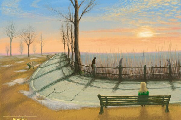 The girl is sitting on a bench in the sunset