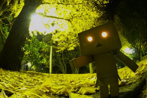 Danbo with a box on his head and glowing eyes in the forest