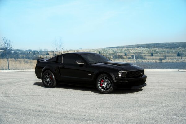 A black Ford Mustang stands on a beautiful background