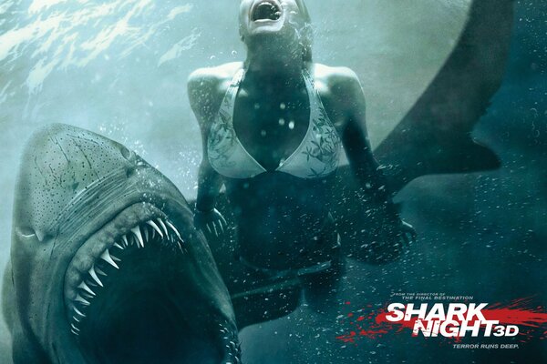 There is a toothy shark in the water and a girl experiencing terror