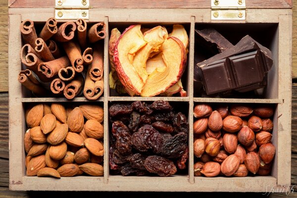 Box with almonds chocolate dried fruits