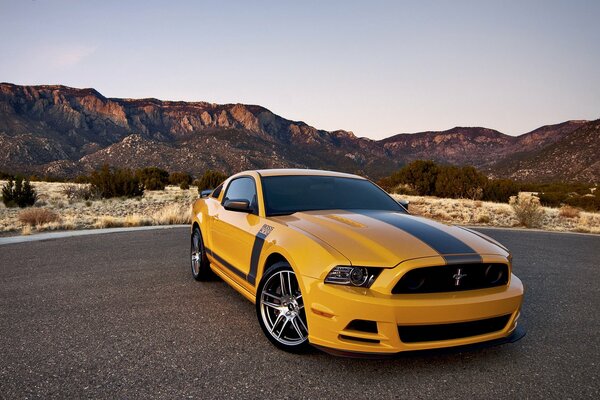 Ford Mustang in gelber Farbe auf dem Hintergrund der Berge