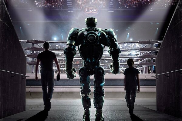 Люди и робот идут на освещённый ринг