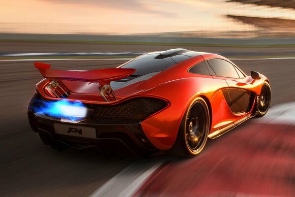 Der Mclaren P1 ist ein orangefarbener Supersportwagen auf allen Segeln .