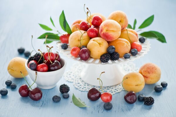 Still life of peaches cherries and blackberries