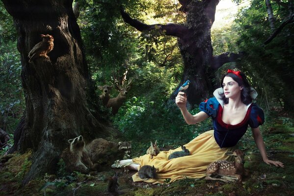 Snow White in a fairy forest with furry friends