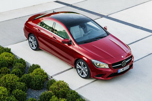 Red Mercedes next to bushes and road