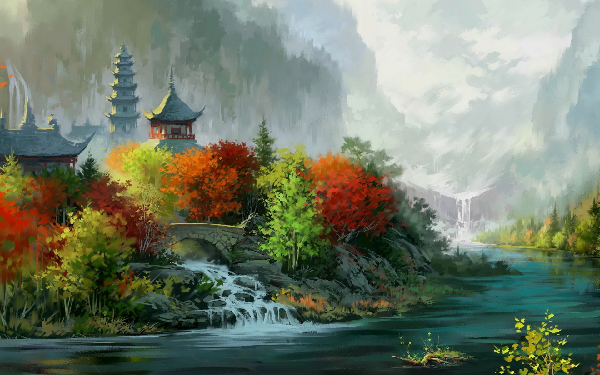 cartoon fantastic the world autumn river lake house